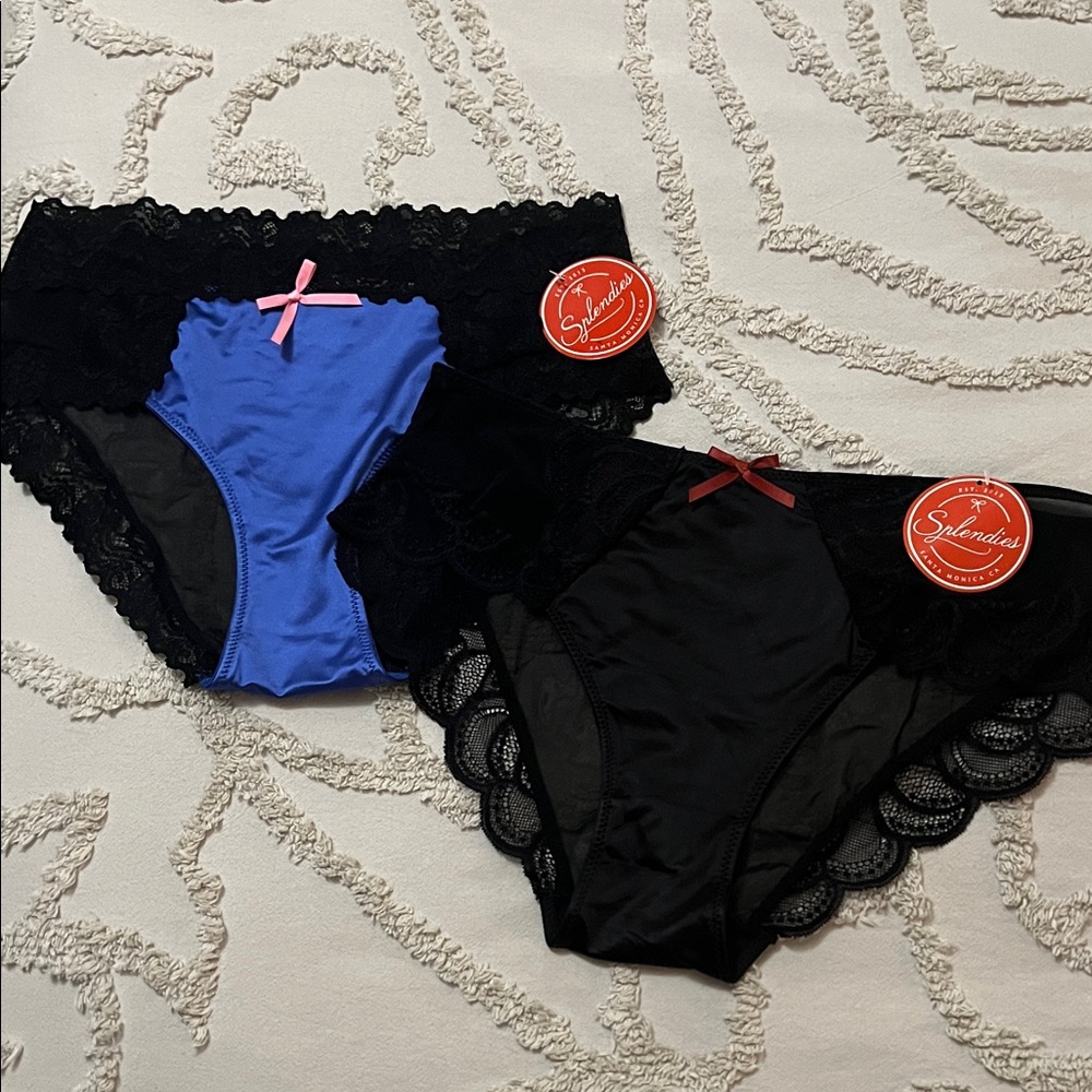 Splendies Lace Trim Panties Set - Black and Blue size L